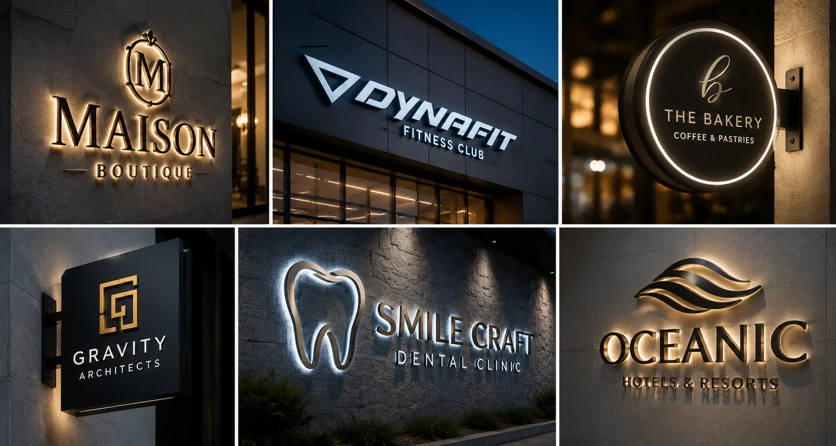 A selection of illuminated storefront signs and dimensional brand marks produced by Evergreen